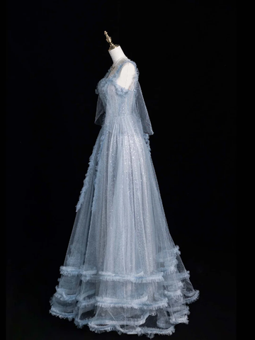 Shiny A Line Spaghetti Strap Blue Tulle Silver Sequin Long Evening Dresses Party Dresses HZ1023